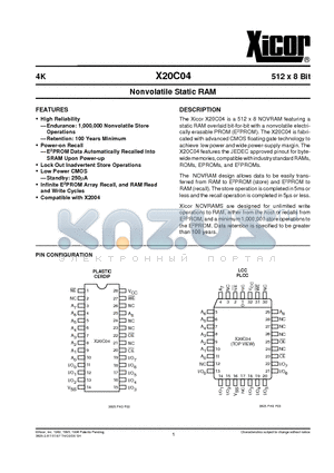 X20C04PI-20 datasheet - Nonvolatile Static RAM