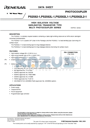 PS2562L-1-V datasheet - HIGH ISOLATION VOLTAGE DARLINGTON TRANSISTOR TYPE MULTI PHOTOCOUPLER SERIES