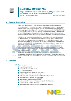 SC16IS740IPW datasheet - Single UART with I2C-bus/SPI interface, 64 bytes of transmit and receive FIFOs, IrDA SIR built-in support