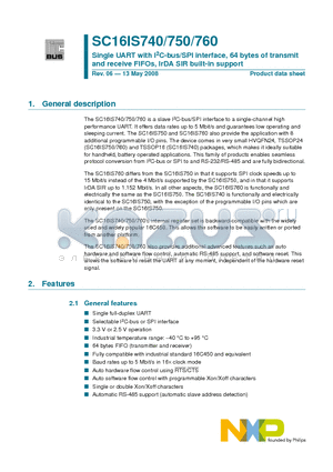 SC16IS740 datasheet - Single UART with I2C-bus/SPI interface, 64 bytes of transmit and receive FIFOs, IrDA SIR built-in support