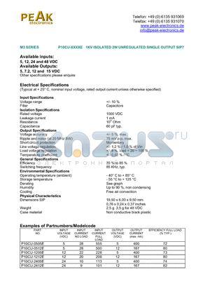 P10CU-0505E datasheet - 1KV ISOLATED 2W UNREGULATED SINGLE OUTPUT SIP7