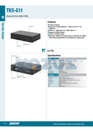 TKS-G11 datasheet - Fanless Design, Supports CompactFlash, SDIO RJ-45 x 1 for Ethernet