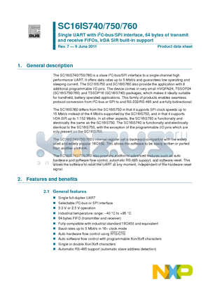 SC16IS750IBS datasheet - Single UART with I2C-bus/SPI interface, 64 bytes of transmit and receive FIFOs