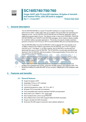 SC16IS750IPW datasheet - Single UART with I2C-bus/SPI interface, 64 bytes of transmit and receive FIFOs