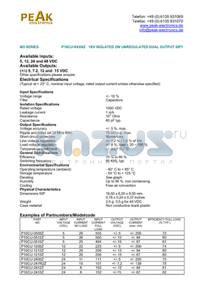 P10CU-2405Z datasheet - 1KV ISOLATED 2W UNREGULATED DUAL OUTPUT SIP7