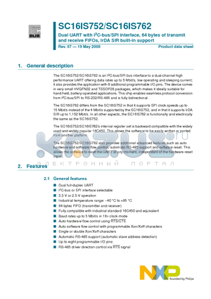 SC16IS752IPW datasheet - Dual UART with I2C-bus/SPI interface, 64 bytes of transmit and receive FIFOs, IrDA SIR built-in support