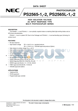 PS2565-1 datasheet - HIGH ISOLATION VOLTAGE AC INPUT RESPONSE TYPE MULTI PHOTOCOUPLER SERIES