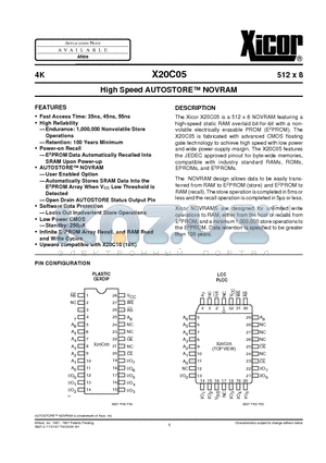 X20C05PM-55 datasheet - High Speed AUTOSTORE NOVRAM