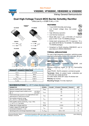 V30200C-E3-4W datasheet - Dual High-Voltage Trench MOS Barrier Schottky Rectifier