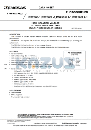 PS2565L2-1 datasheet - HIGH ISOLATION VOLTAGE AC INPUT RESPONSE TYPE MULTI PHOTOCOUPLER SERIES