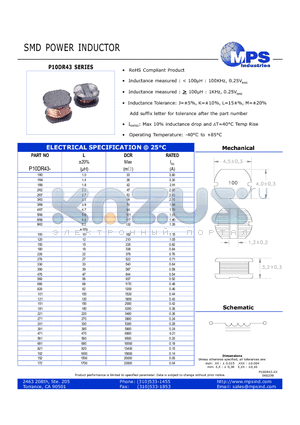 P10DR43-2R2 datasheet - SMD POWER INDUCTOR