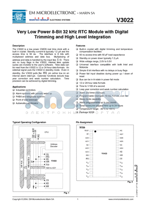 V3022 datasheet - Very Low Power 8-Bit 32 kHz RTC Module with Digital Trimming and High Level Integration