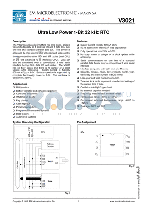 V3021 datasheet - Ultra Low Power 1-Bit 32 kHz RTC