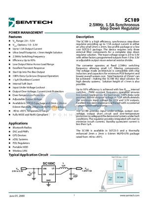 SC189AEVB-3 datasheet - 2.5MHz, 1.5A Synchronous Step Down Regulator