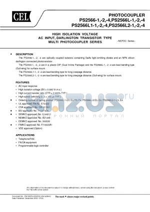 PS2566L-1-F4 datasheet - HIGH ISOLATION VOLTAGE AC INPUT, DARLINGTON TRANSISTOR TYPE MULTI PHOTOCOUPLER SERIES