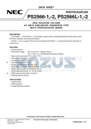 PS2566L-1 datasheet - HIGH ISOLATION VOLTAGE AC INPUT, DARLINGTON TRANSISTOR TYPE MULTI PHOTOCOUPLER SERIES