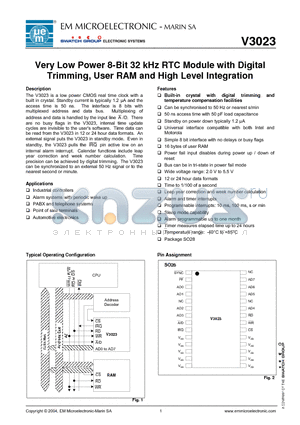 V3023SO28B datasheet - Very Low Power 8-Bit 32 kHz RTC Module with Digital Trimming, User RAM and High Level Integration