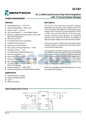 SC187 datasheet - 4A, 2.2MHz Synchronous Step-Down Regulator with 15 Preset Output Voltages