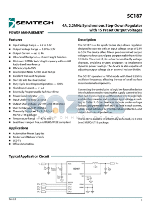 SC187ULTRT datasheet - 4A, 2.2MHz Synchronous Step-Down Regulator with 15 Preset Output Voltages