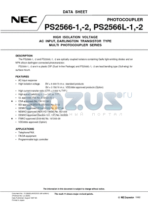 PS2566L-2 datasheet - HIGH ISOLATION VOLTAGE AC INPUT, DARLINGTON TRANSISTOR TYPE MULTI PHOTOCOUPLER SERIES