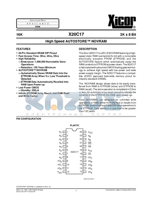 X20C17PI-35 datasheet - High Speed AUTOSTORE NOVRAM