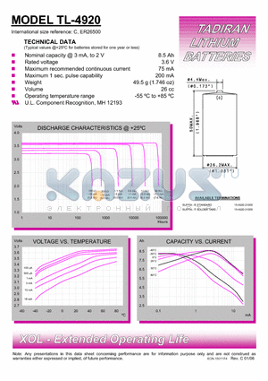 TL-4920 datasheet - TADIRAN LITHIUM BATTERIES