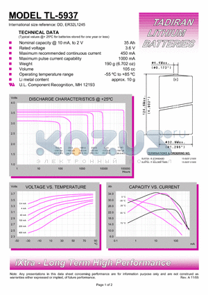 TL-5937 datasheet - TADIRAN LITHIUM BATTERIES