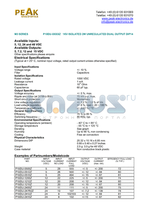 P10DU-0512Z datasheet - 1KV ISOLATED 2W UNREGULATED DUAL OUTPUT DIP14