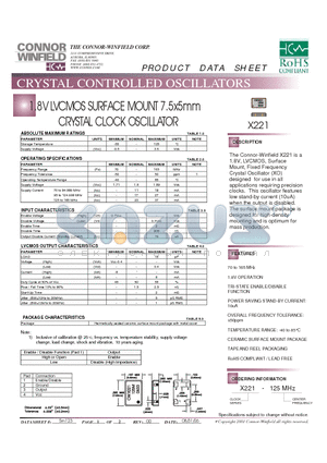 X221 datasheet - 1.8V LVCMOS SURFACE MOUNT 7.5x5mm CRYSTAL CLOCK OSCILLATOR