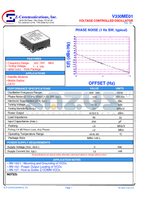 V330ME01 datasheet - LOW COST - HIGH PERFORMANCE VOLTAGE CONTROLLED OSCILLATOR
