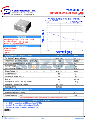 V330ME10-LF datasheet - VOLTAGE CONTROLLED OSCILLATOR