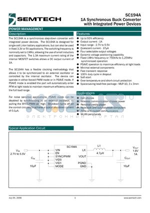 SC194A datasheet - 1A Synchronous Buck Converter with Integrated Power Devices