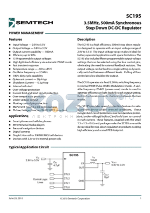 SC195 datasheet - 3.5MHz, 500mA Synchronous Step Down DC-DC Regulator