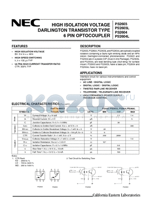 PS2604 datasheet - HIGH ISOLATION VOLTAGE DARLINGTON TRANSISTOR TYPE 6 PIN OPTOCOUPLER