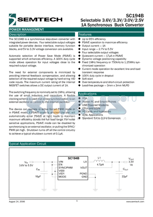 SC194BEVB datasheet - Selectable 3.6V/3.3V/3.0V/2.5V 1A Synchronous Buck Converter