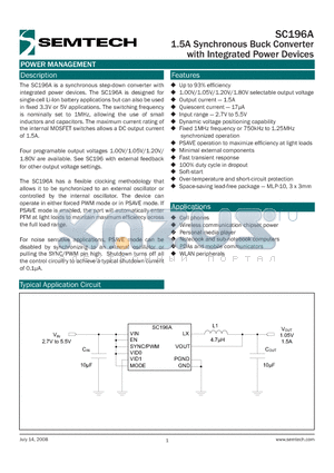 SC196AMLTRT datasheet - 1.5A Synchronous Buck Converter with Integrated Power Devices