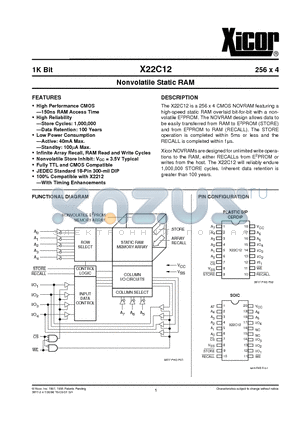 X22C12PM datasheet - Nonvolatile Static RAM