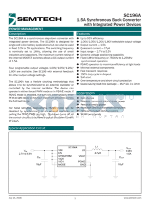 SC196A_08 datasheet - 1.5A Synchronous Buck Converter with Integrated Power Devices