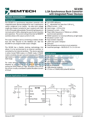 SC196ULTRT datasheet - 1.5A Synchronous Buck Converter with Integrated Power Devices