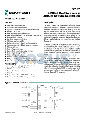 SC197 datasheet - 3.5MHz, 500mA Synchronous Dual Step-Down DC-DC Regulator