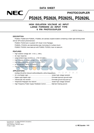 PS2625 datasheet - HIGH ISOLATION VOLTAGE AC INPUT LARGE FORWARD AC INPUT TYPE 6 PIN PHOTOCOUPLER