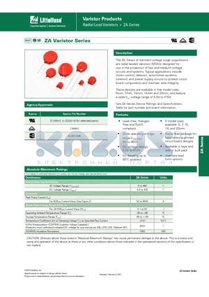 V33ZA1 datasheet - Varistor Products - Low to Medum Voltage, Radial Lead