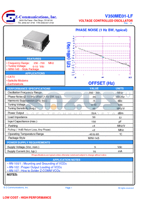 V350ME01-LF datasheet - VOLTAGE CONTROLLED OSCILLATOR