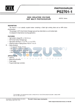 PS2701-1-F3 datasheet - HIGH ISOLATION VOLTAGE SOP MULTI PHOTOCOUPLER