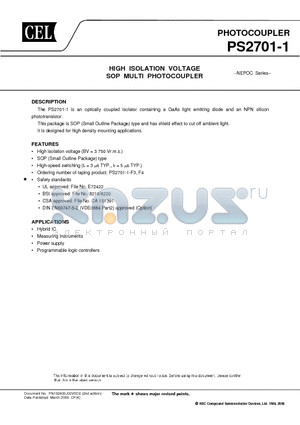 PS2701-1-F3-A datasheet - HIGH ISOLATION VOLTAGE SOP MULTI PHOTOCOUPLER