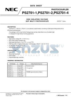 PS2701-4-V datasheet - HIGH ISOLATION VOLTAGE SOP MULTI PHOTOCOUPLER