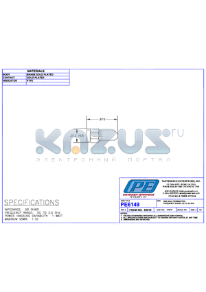 PE6149 datasheet - SMA MALE TERMINATION FREQUENCY RANGE: DC TO 2,5GHz