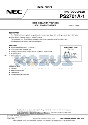 PS2701A-1-F3-A datasheet - HIGH ISOLATION VOLTAGE SOP PHOTOCOUPLER