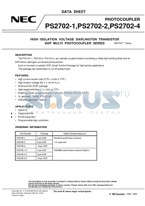 PS2702 datasheet - HIGH ISOLATION VOLTAGE DARLINGTON TRANSISTOR SOP MULTI PHOTOCOUPLER SERIES