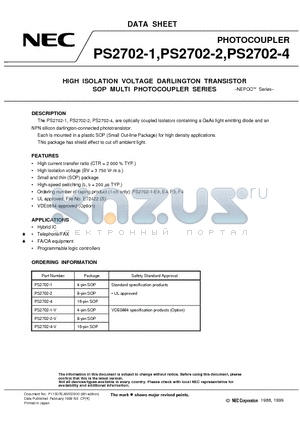 PS2702-1 datasheet - HIGH ISOLATION VOLTAGE DARLINGTON TRANSISTOR SOP MULTI PHOTOCOUPLER SERIES